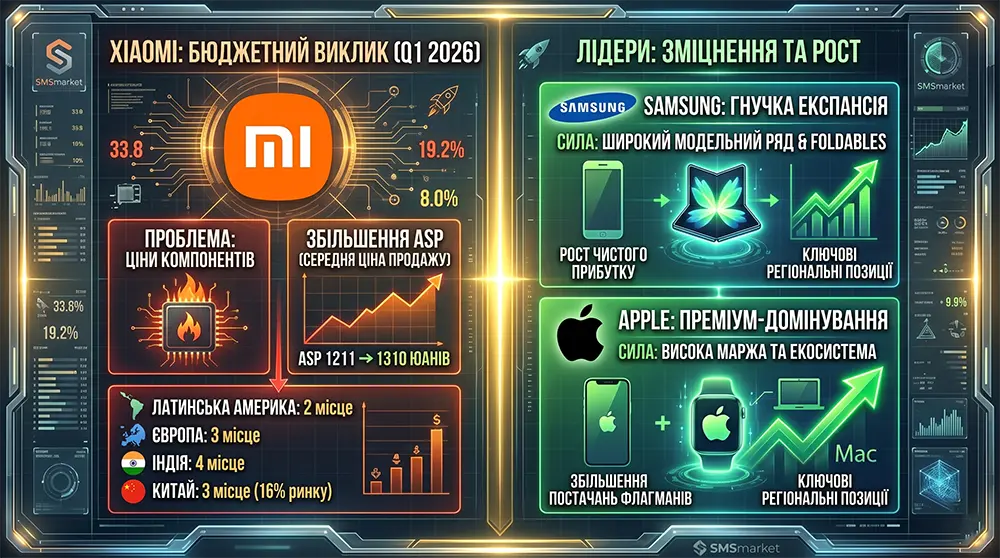Інфографіка аналітики ринку смартфонів Q1 2026 | SMS Market Блог Детальна технологічна інфографіка порівняння продажів та стратегій Xiaomi, Samsung та Apple у першому кварталі 2026 року із графіками цін та регіональних позицій.